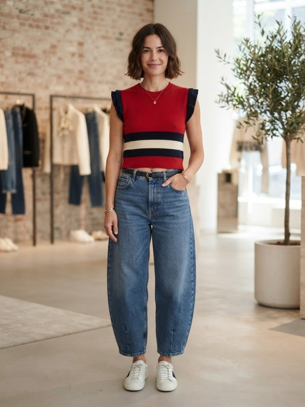 Gucci Red Navy Striped Knit Ruffle Sleeve Top - PTP 15”